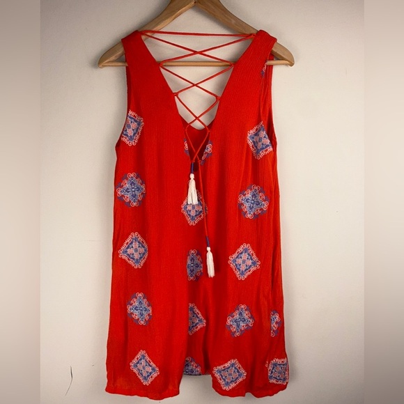 Miss Me Orange Sleeveless Shirt Dress Pockets Embroidered Women's Size M BOHO - Picture 2 of 12